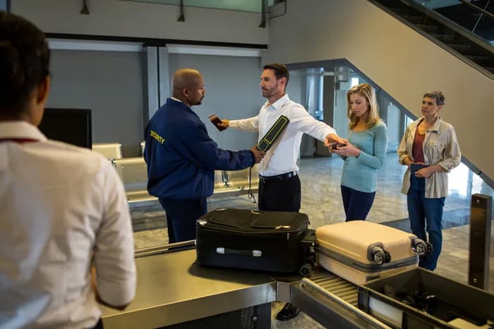 A security officer screening a traveler at an airport checkpoint